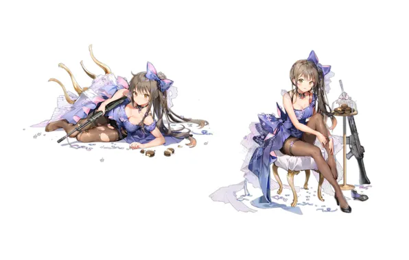 Cookies, neckline, white background, corset, rifle, long hair, ruffles, hair bow