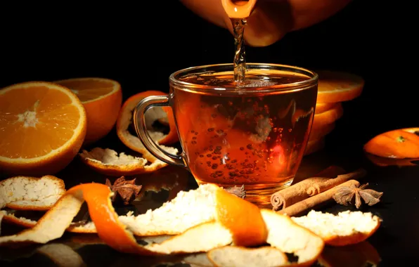 Oranges, Cup, drink, cinnamon, peel, star anise, teapot