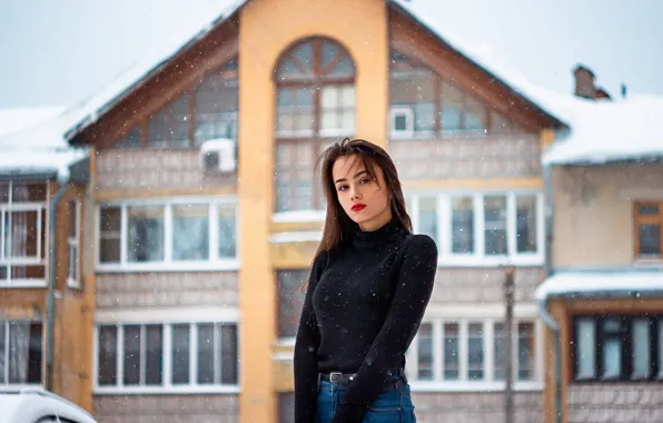 Picture winter, look, snow, house, Girl, figure, shoulders, Ivan Shcheglov