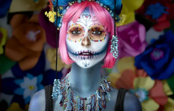 Picture look, girl, face, hair, paint, day of the dead, day of the dead
