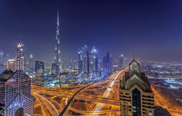 The sky, night, the city, lights, fog, view, building, tower