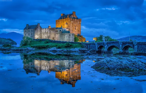 Picture bridge, reflection, castle, Scotland, Scotland, the fjord, Eilean Donan Castle, Loch Duich
