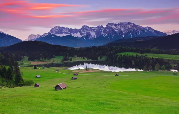 Picture forest, the sky, grass, clouds, mountains, lake, home, Bayern