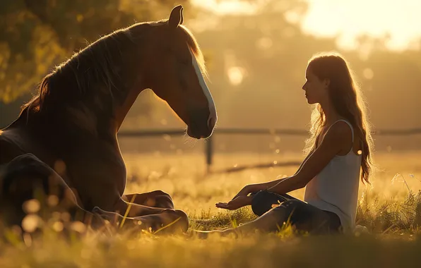 Girl, light, pose, fog, horse, stay, glade, horse