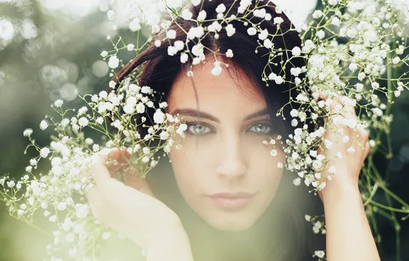 Picture look, flowers, close-up, face, pose, model, portrait, hands