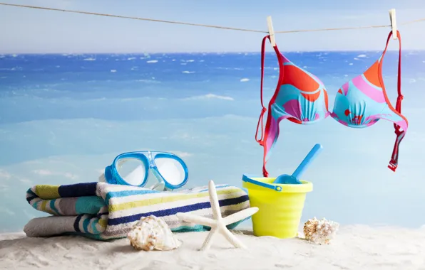 Sand, sea, beach, the sun, stay, towel, horizon, glasses