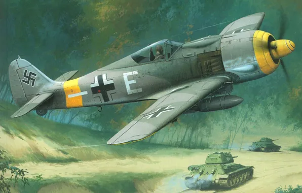 Picture the sky, earth, figure, fighter, tanks, German, Focke Wulf, The great Patriotic war