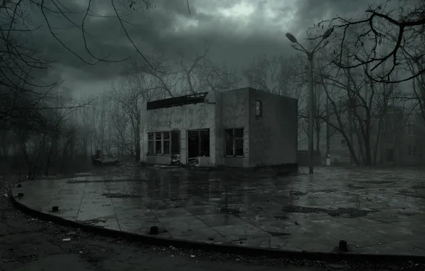 Night, rain, Pripyat, Ukraine, pustosh