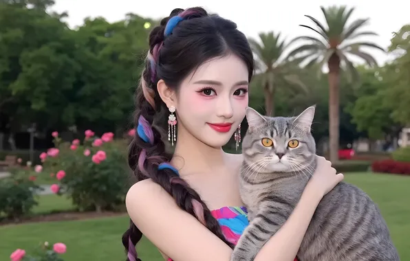 Cat, earrings, braid, Chinese, Asian, long hair, grey cat