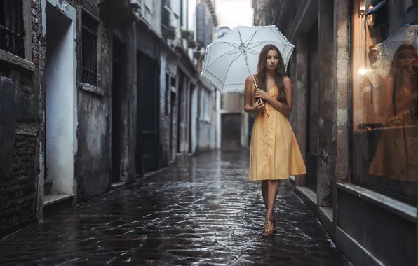 Picture water, girl, rain, street, home, umbrella, dress, yard