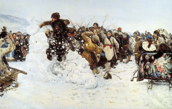 Picture snow, oil, rider, Canvas, people, 1891, The capture of snow town, Vasily SURIKOV