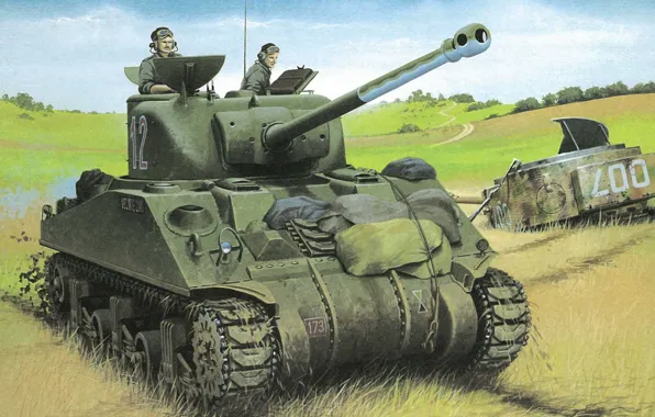 Picture field, figure, art, tank, WW2, tankers, with a 76-mm gun "Sherman", M4A1(76)W us