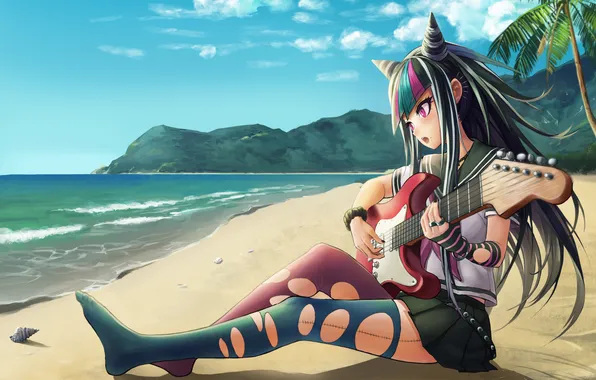 Sand, beach, girl, Palma, guitar, shell, art, mioda ibuki