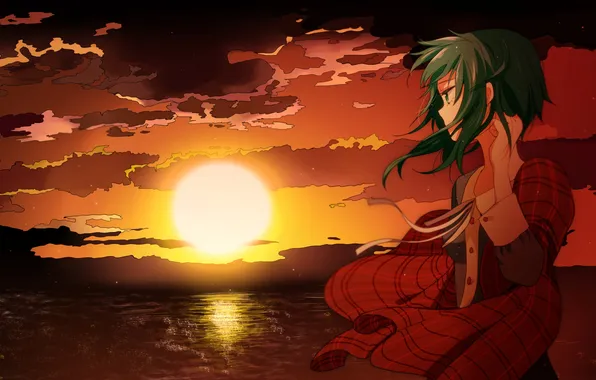 Picture the sky, girl, the sun, clouds, sunset, anime, art, vocaloid