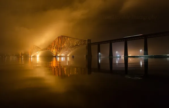 Picture night, bridge, lights, fog, river