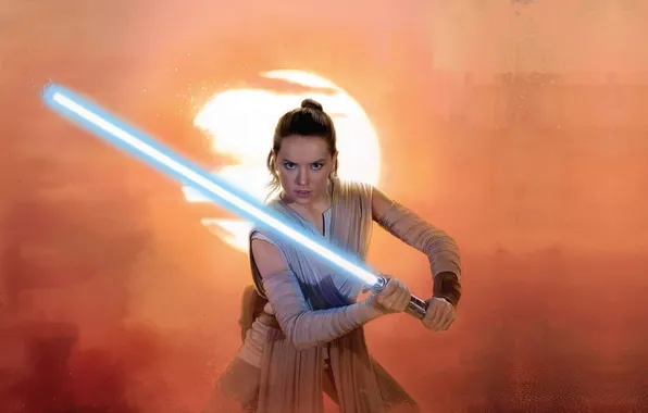 Picture Star Wars, women, lightsaber, actress, movies, looking at viewer, Rey, Daisy Ridley