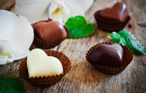 Leaves, candy, hearts, sweets, Valentine's day, bokeh, chocolate