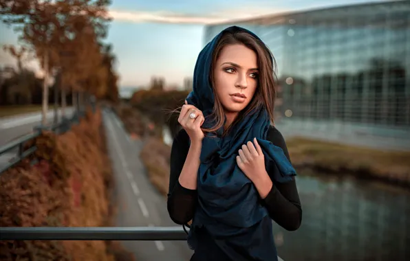 Road, autumn, look, girl, bridge, street, brown hair, shawl