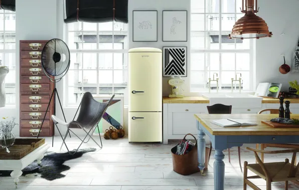 Design, interior, kitchen, retro style, living room, dining room