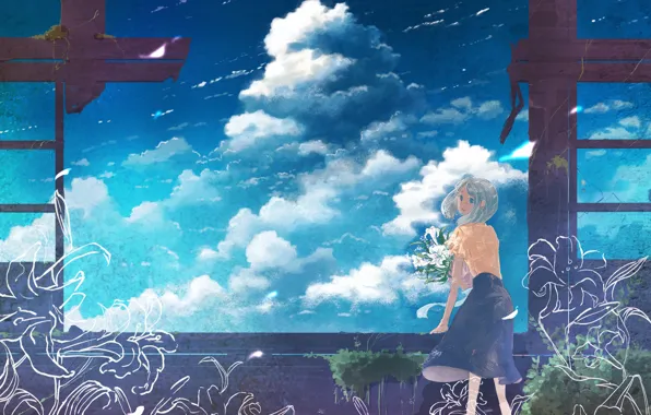 The sky, girl, flowers, abandoned house, K.Hati