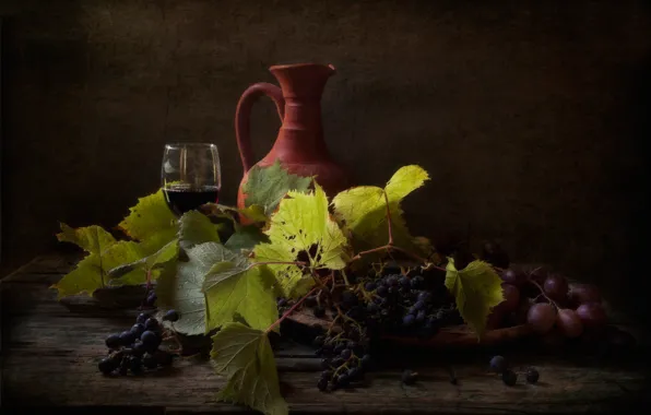 Wine, grapes, pitcher, still life