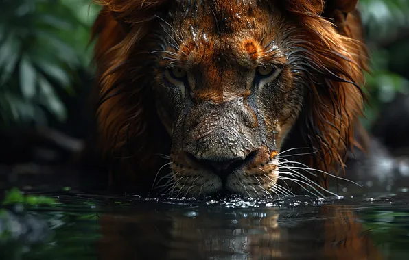 Water, Leo, Face, Predator, Front, Digital art, Big cat, Closeup