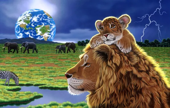 Planet, art, Earth, lions, William Schimmel