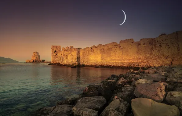 The sky, light, stones, rocks, the moon, shore, a month, twilight