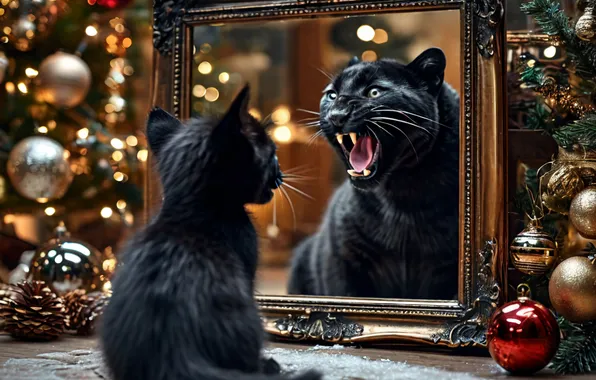 Kitty, Cat, Dreams, Mirror, Panther, New year