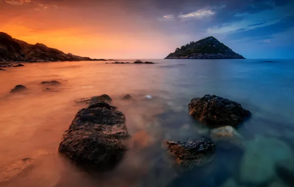 Sea, beach, sunset, stones, island