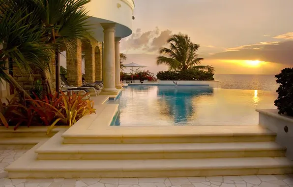 Picture sunset, palm trees, the ocean, Villa, the evening, pool, architecture, terrace