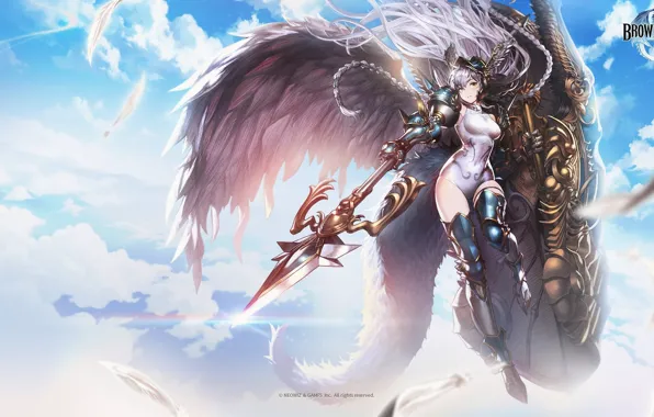 The sky, girl, clouds, weapons, spear, Brown Dust