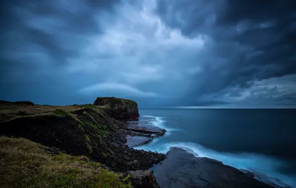 Sea, beach, clouds, stones, rocks