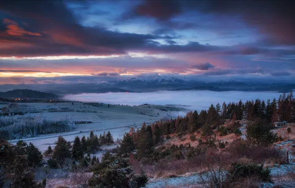 Winter, clouds, landscape, mountains, nature, fog, morning, Poland