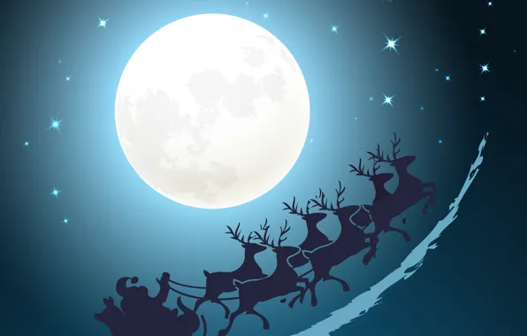 Winter, Night, The moon, Christmas, New year, Santa Claus, Deer, Sleigh