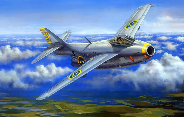 Figure, art, The Saab 29 Fighter, Swedish air force, Swedish jet fighter