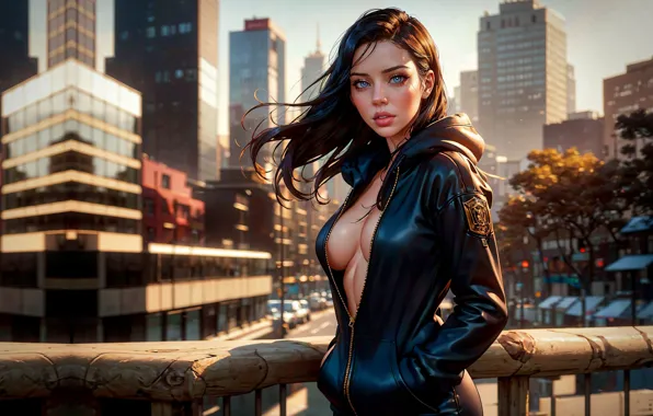 Picture the city, sexy, home, neckline, beautiful girl, digital art, leather jacket, digital art