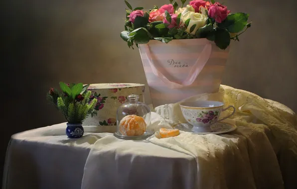 Flowers, table, box, gift, roses, slice, Cup, still life