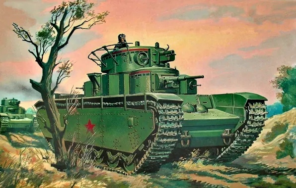 Tree, USSR, The Red Army, Breakthrough tank, T-35, Heavy Tank, five-turret, Tanker
