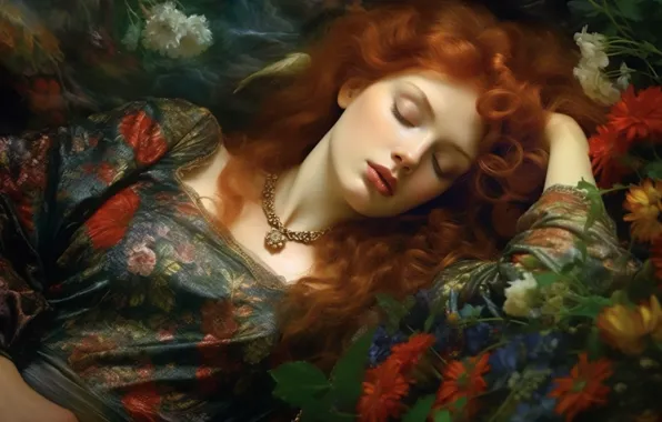 Girl, face, sleep, sleeping, lies, red, redhead, long hair