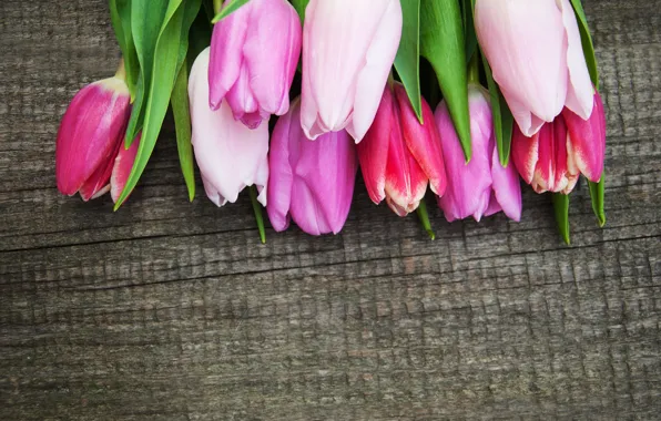 Flowers, bouquet, colorful, tulips, wood, pink, flowers, tulips