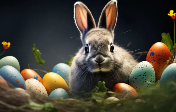 Look, light, flowers, nature, holiday, glade, hare, eggs
