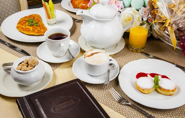 Tea, Breakfast, juice, sugar, macaroon, cheesecakes, omelette