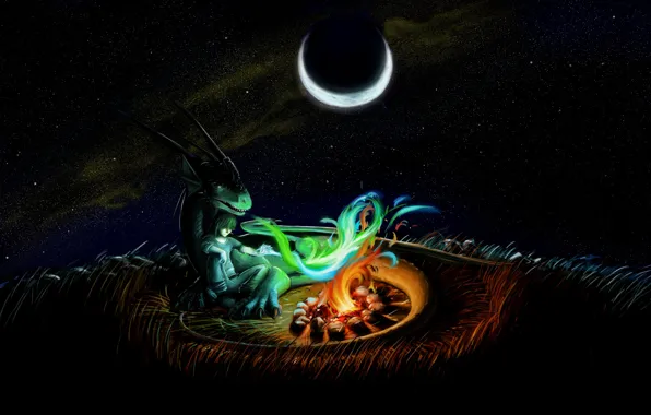 Night, fantasy, dragon, food, stars, a month, art, friendship