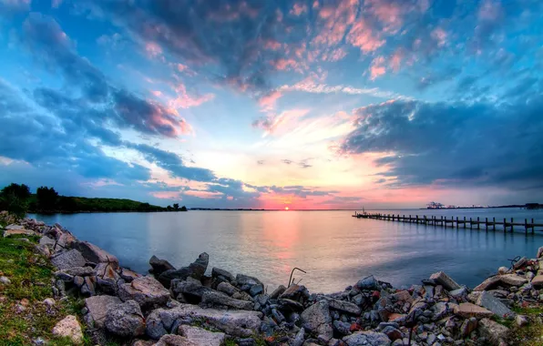 Picture sea, water, landscape, sunset, nature, shore, pier