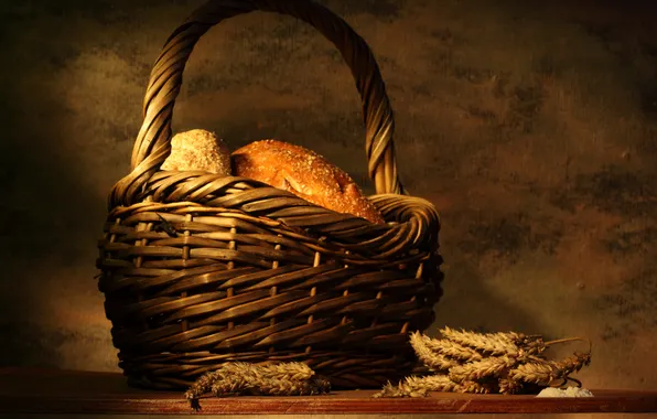 Picture table, basket, bread, ears