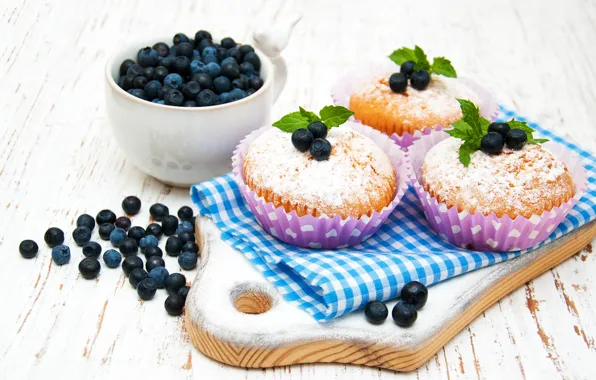 Berries, bowl, blueberries, powdered sugar, muffins, Olena Rudo