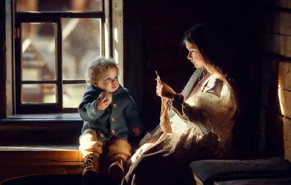 Light, children, darkness, child, window, girl, brother, knitting