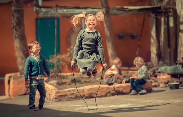 Children, childhood, boy, girl, jump rope