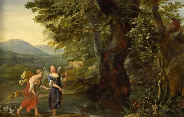 Oil, picture, mythology, 1690, Tobias and the angel, Eglon Hendrick van der Neer, Eglon Hendrik …